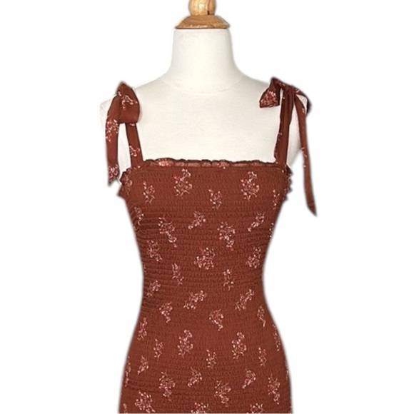 ABERCROMBIE & FITCH Smocked Tiered Ruffle MIDI Dress Brown Floral Y2K, Small - Picture 3 of 14